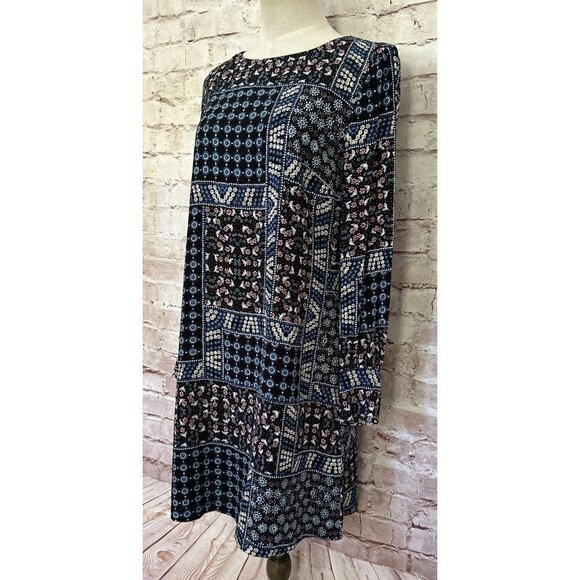 LOFT Womens Shift Dress Size 2 Black Blue Patchwork Ditsy Floral Long Sleeve - Picture 3 of 4